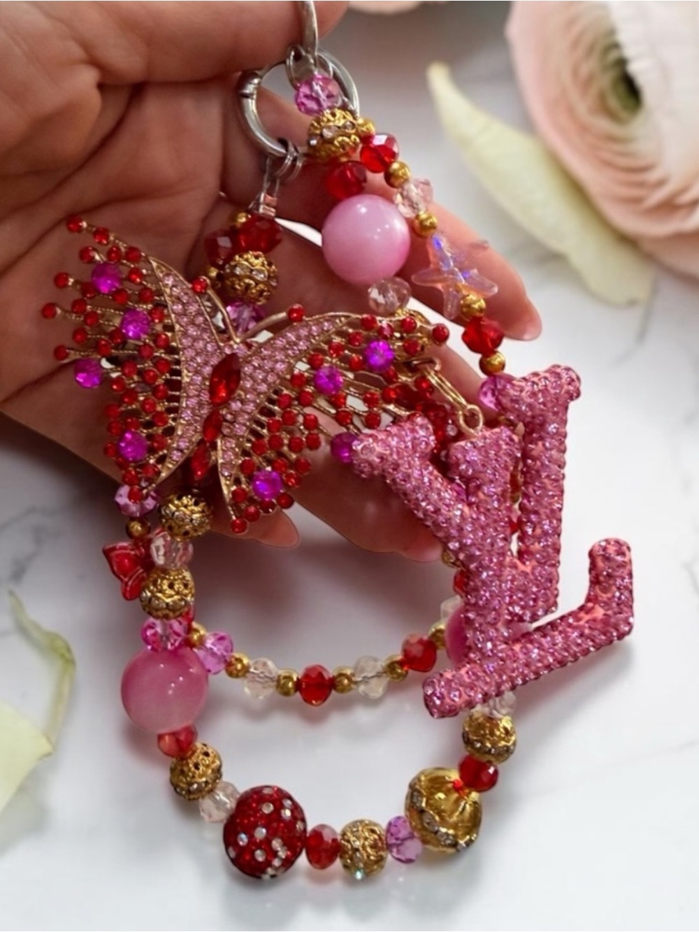 Pink Red Rhinestone Butterfly Double-Strand Handbag Charm Chain with Logo